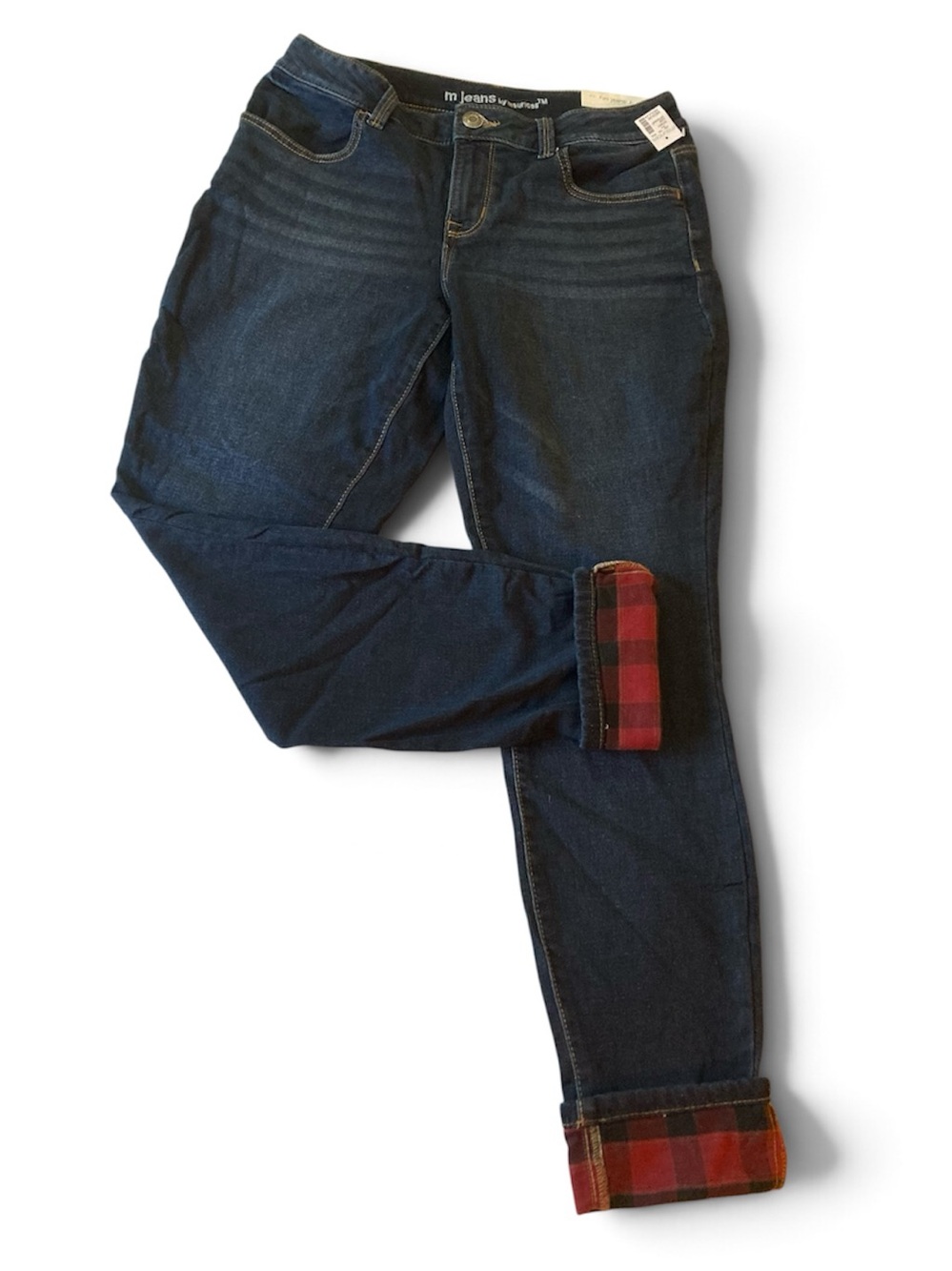 NWT M Jeans by Maurices Super Soft Jegging Dark Blue w/Red Plaid Cuff Sz Medium